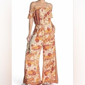 FREE PEOPLE Carmen Orange Off The Shoulder Paisley Jumpsuit